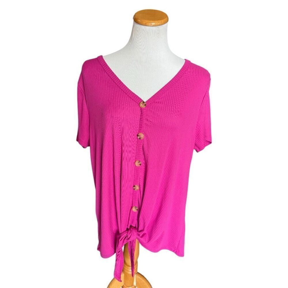 Womens Urban Rose Fuchsia Button Down Tie Front Top Blouse - Sz 2X